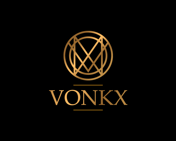 VONKX logo met zwarte achtergrond en gouden illustratie en tekst