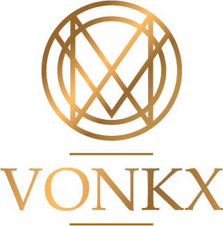 VONKX logo met gouden illustratie en tekst en witte achtergrond