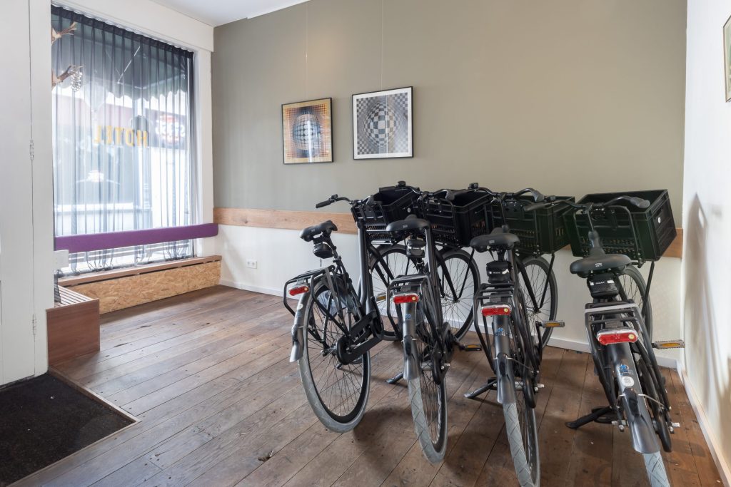 Rental bikes parked in the bike shed